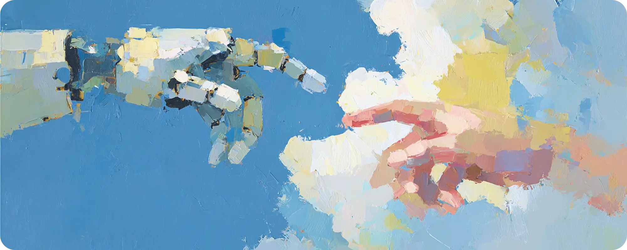 A robotic hand and a human hand reaching toward each other, painted in oils